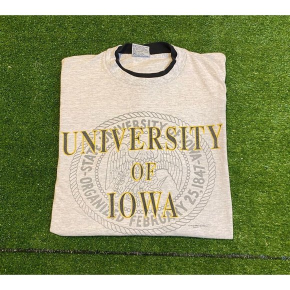Vintage Volunteer Knit Iowa Hawkeyes college seal spell out t-shirt large gray - Picture 1 of 10